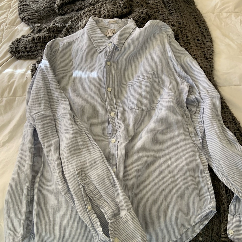 J. Crew Light Blue Linen Striped Button Down Shirt
